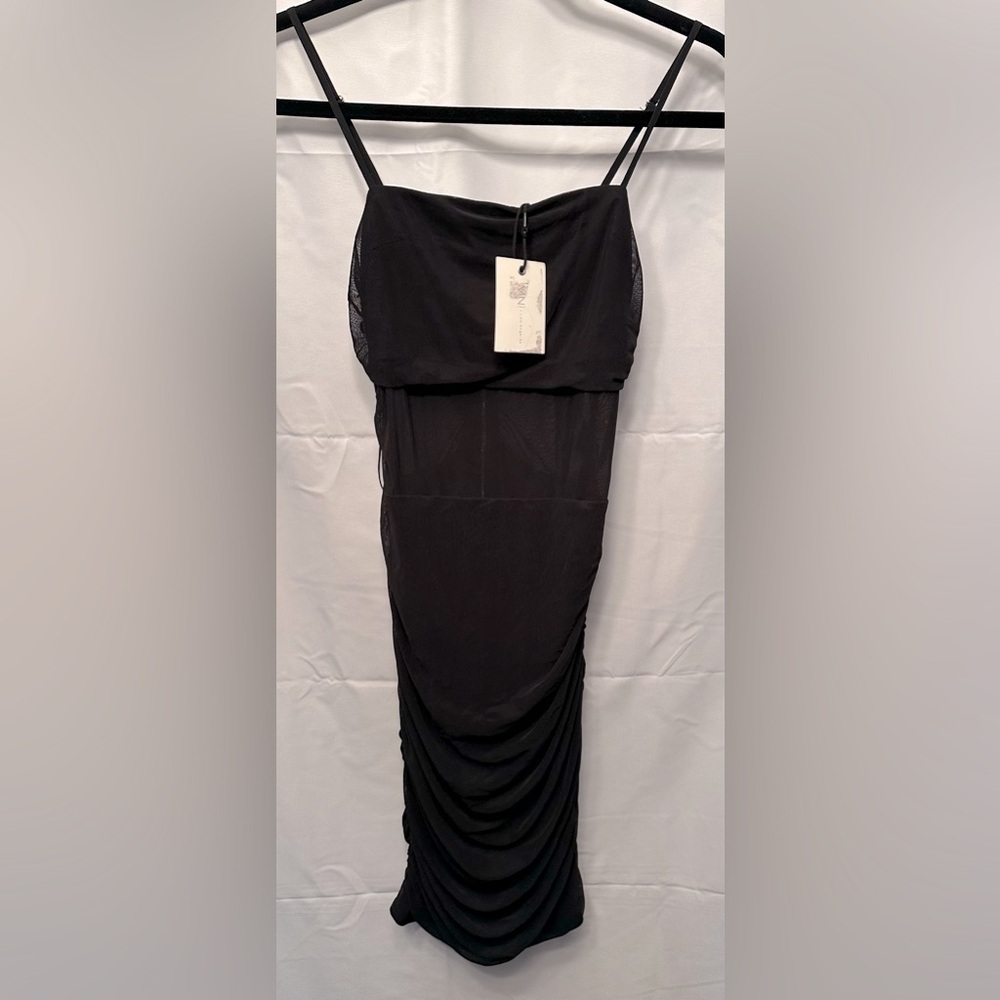NEW M.N.I. Los Angeles Black Ruched Mini Dress‎ Sheer Detail Zip Back Size Small